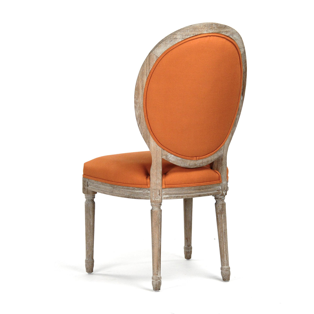Medallion French Tufted Oval-Back Oak Side Chair in Orange Linen, Limed Grey Oak, studio photo 2 of 3 on a white background
