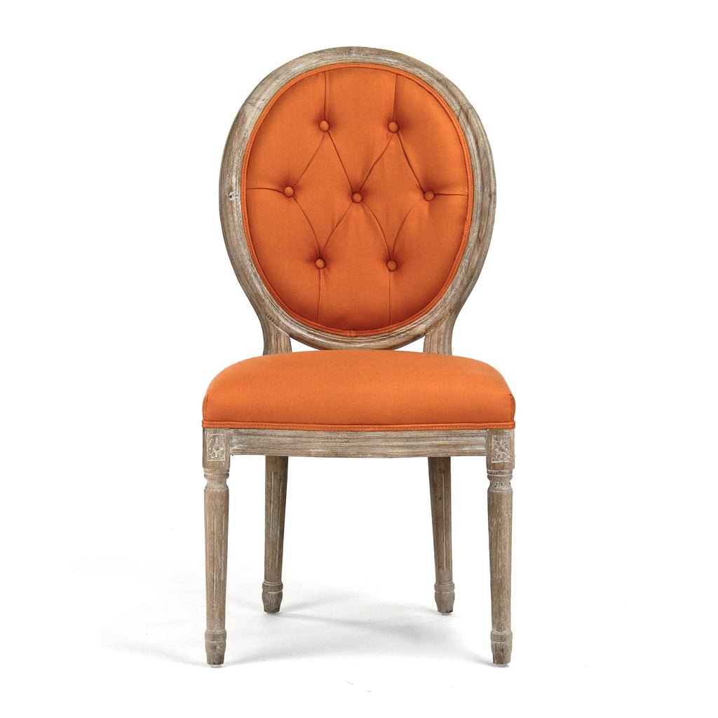 Medallion French Tufted Oval-Back Oak Side Chair in Orange Linen, Limed Grey Oak, studio photo 3 of 3 on a white background