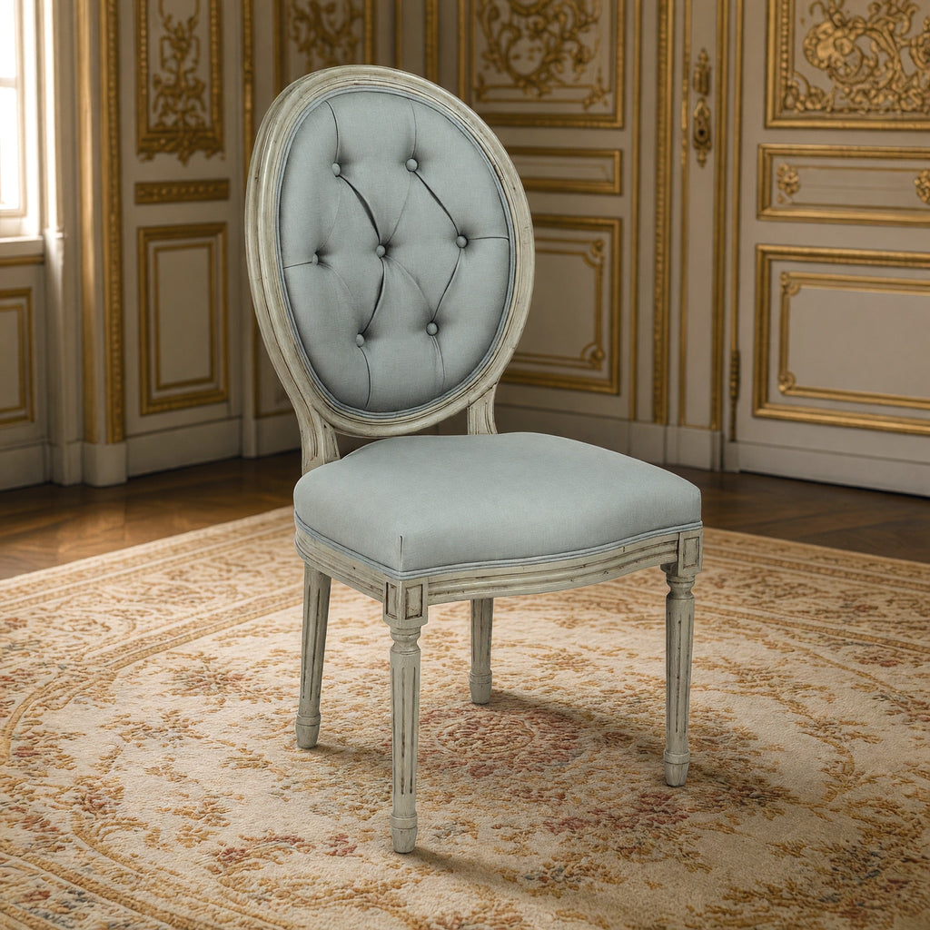 Medallion French tufted oval-back side chair in sage linen, birch in a gilded Louis XVI salon on an Aubusson carpet