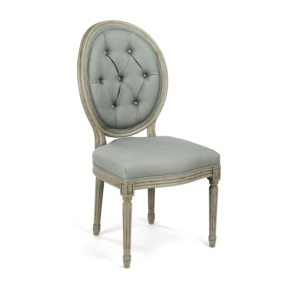 Medallion French Tufted Oval-Back Oak Side Chair in Sage Linen, Birch, studio photo 1 of 4 on a white background