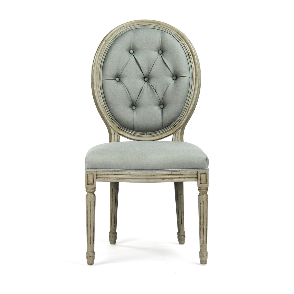 Medallion French Tufted Oval-Back Oak Side Chair in Sage Linen, Birch, studio photo 3 of 4 on a white background