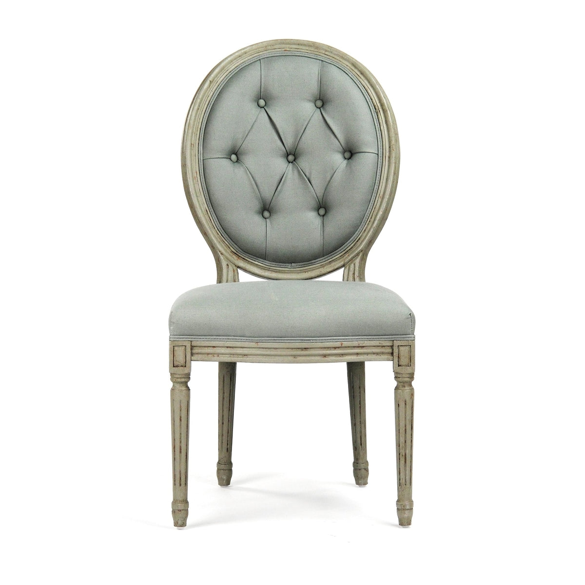 Medallion French Tufted Oval-Back Oak Side Chair in Sage Linen, Birch, studio photo 3 of 4 on a white background