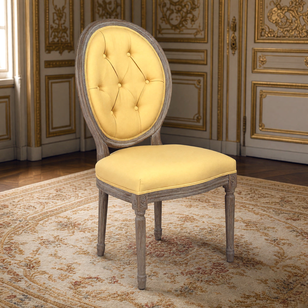 Medallion French tufted oval-back side chair in yellow linen, limed grey oak in a gilded Louis XVI salon on an Aubusson carpet