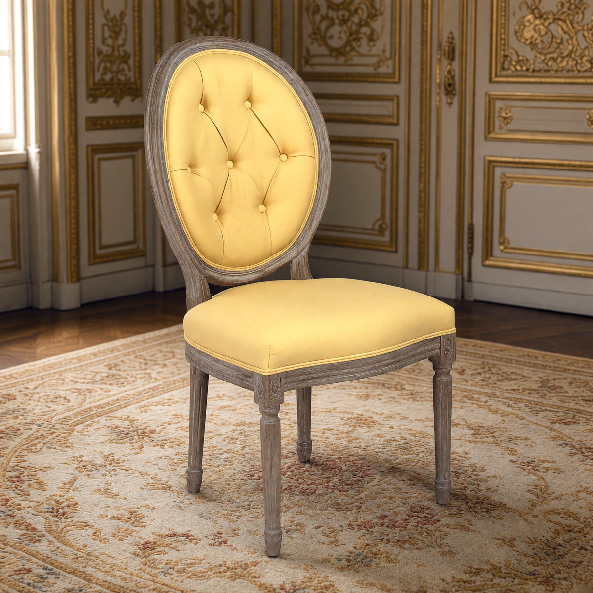 Medallion French tufted oval-back side chair in yellow linen, limed grey oak in a gilded Louis XVI salon on an Aubusson carpet