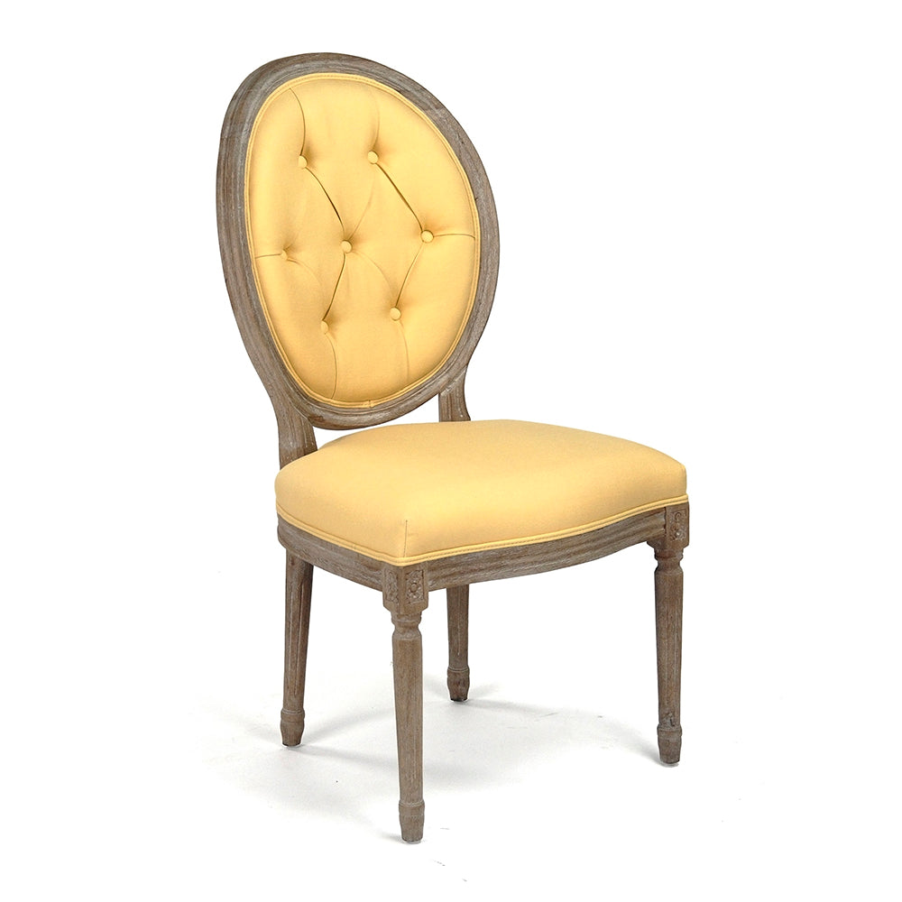 Medallion French Tufted Oval-Back Oak Side Chair in Yellow Linen, Limed Grey Oak, studio photo 1 of 3 on a white background