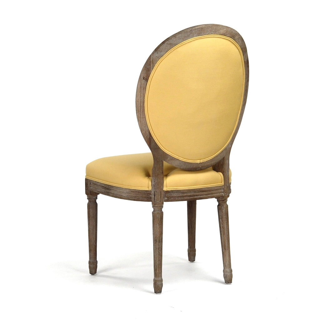 Medallion French Tufted Oval-Back Oak Side Chair in Yellow Linen, Limed Grey Oak, studio photo 2 of 3 on a white background