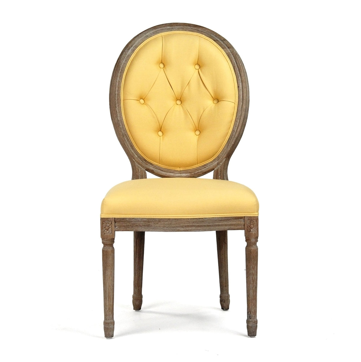Medallion French Tufted Oval-Back Oak Side Chair in Yellow Linen, Limed Grey Oak, studio photo 3 of 3 on a white background