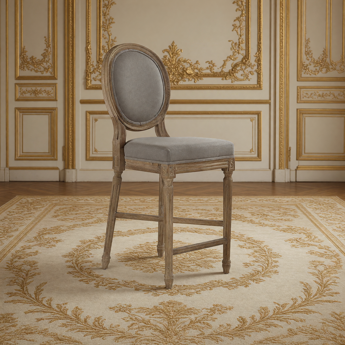Medallion Louis XVI Oak Counter Stool in Grey Linen, Limed Grey Oak, three-quarter view in a French salon on an antique Aubusson carpet
