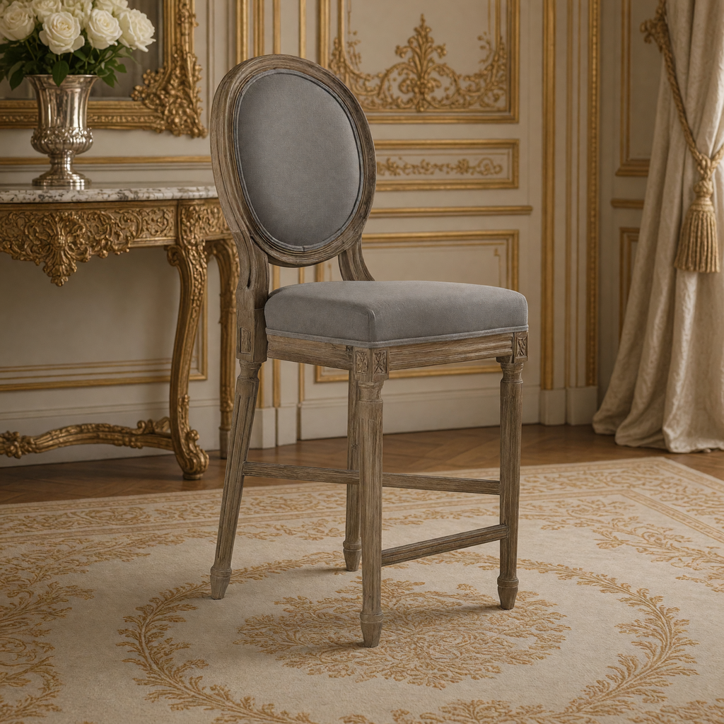 Closer view of the oval medallion back and limed oak frame of the Medallion Louis XVI Oak Counter Stool in Grey Linen, Limed Grey Oak