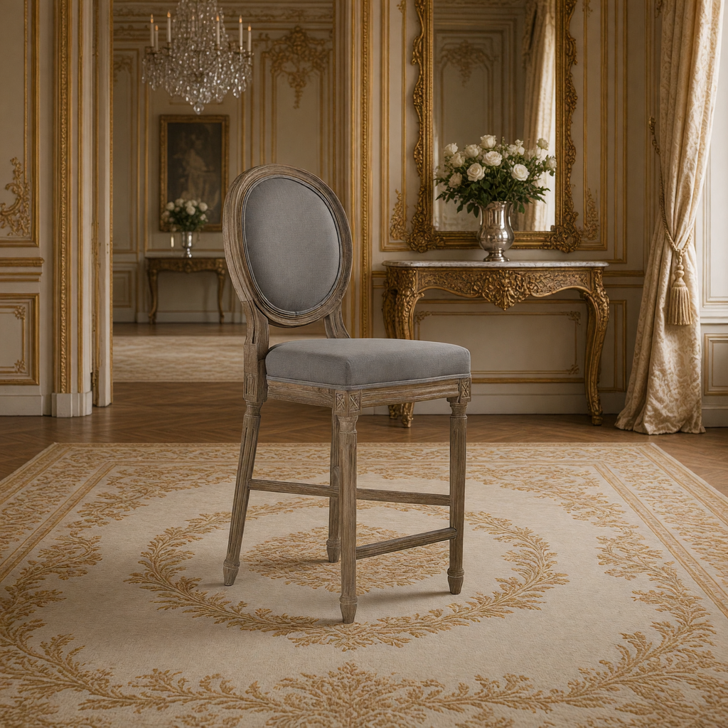 Medallion Louis XVI Oak Counter Stool in Grey Linen, Limed Grey Oak, styled in a French salon with a marble-top console and gilded mirror