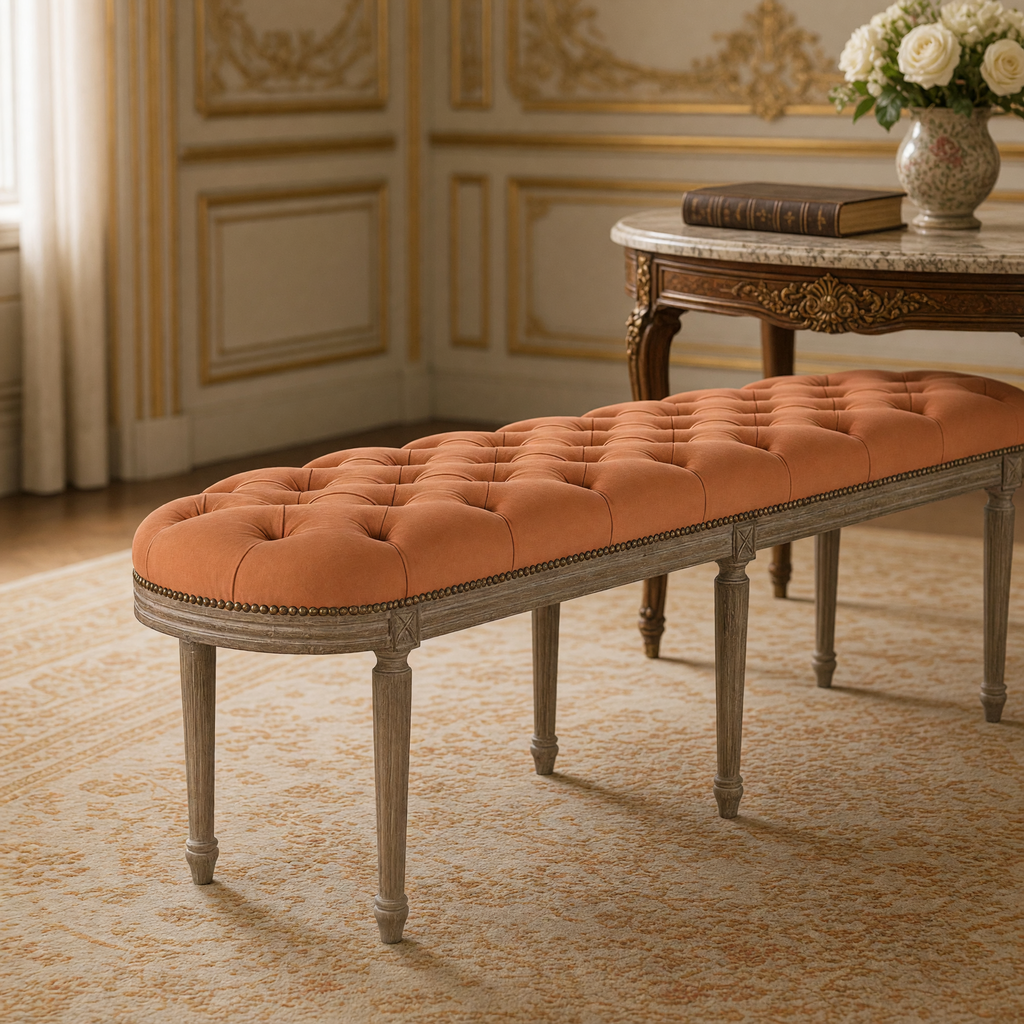 Close-up of the Michel French Oak Tufted Bench in Cotton, Oak