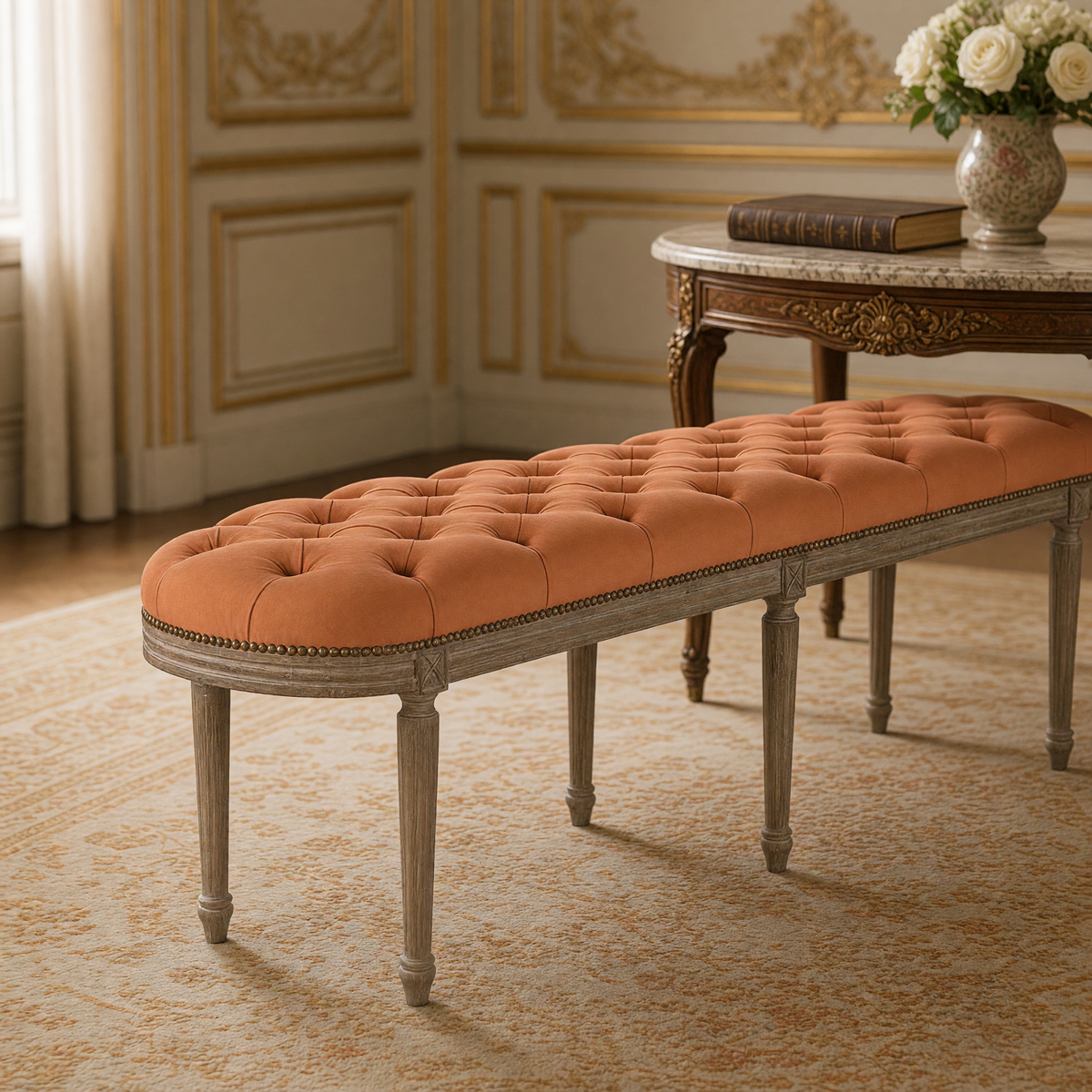 Close-up of the Michel French Oak Tufted Bench in Cotton, Oak