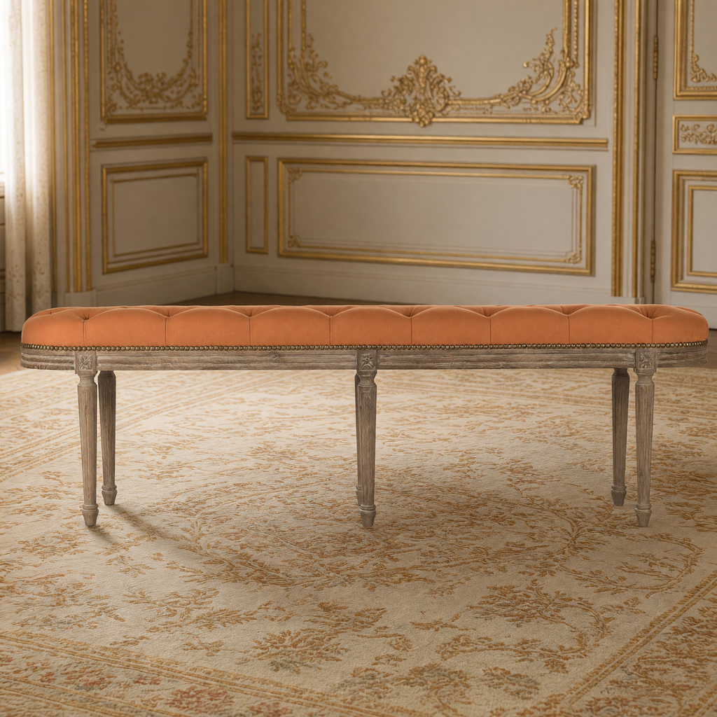Front view of the Michel French Oak Tufted Bench in Cotton, Oak