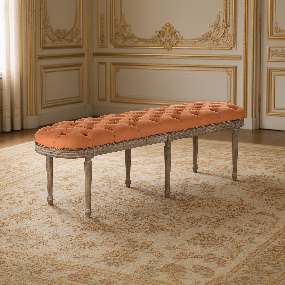 Michel French Oak Tufted Bench in Cotton, Oak, in a French salon