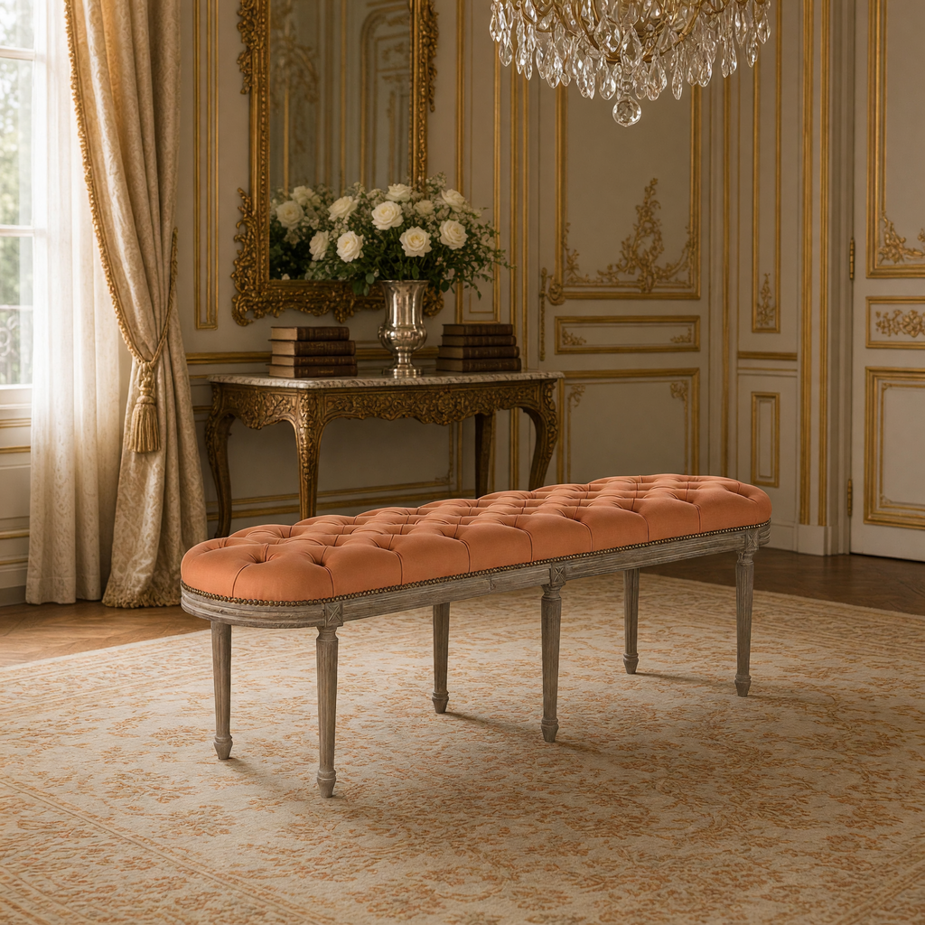 Michel French Oak Tufted Bench in Cotton, Oak, styled in a French salon