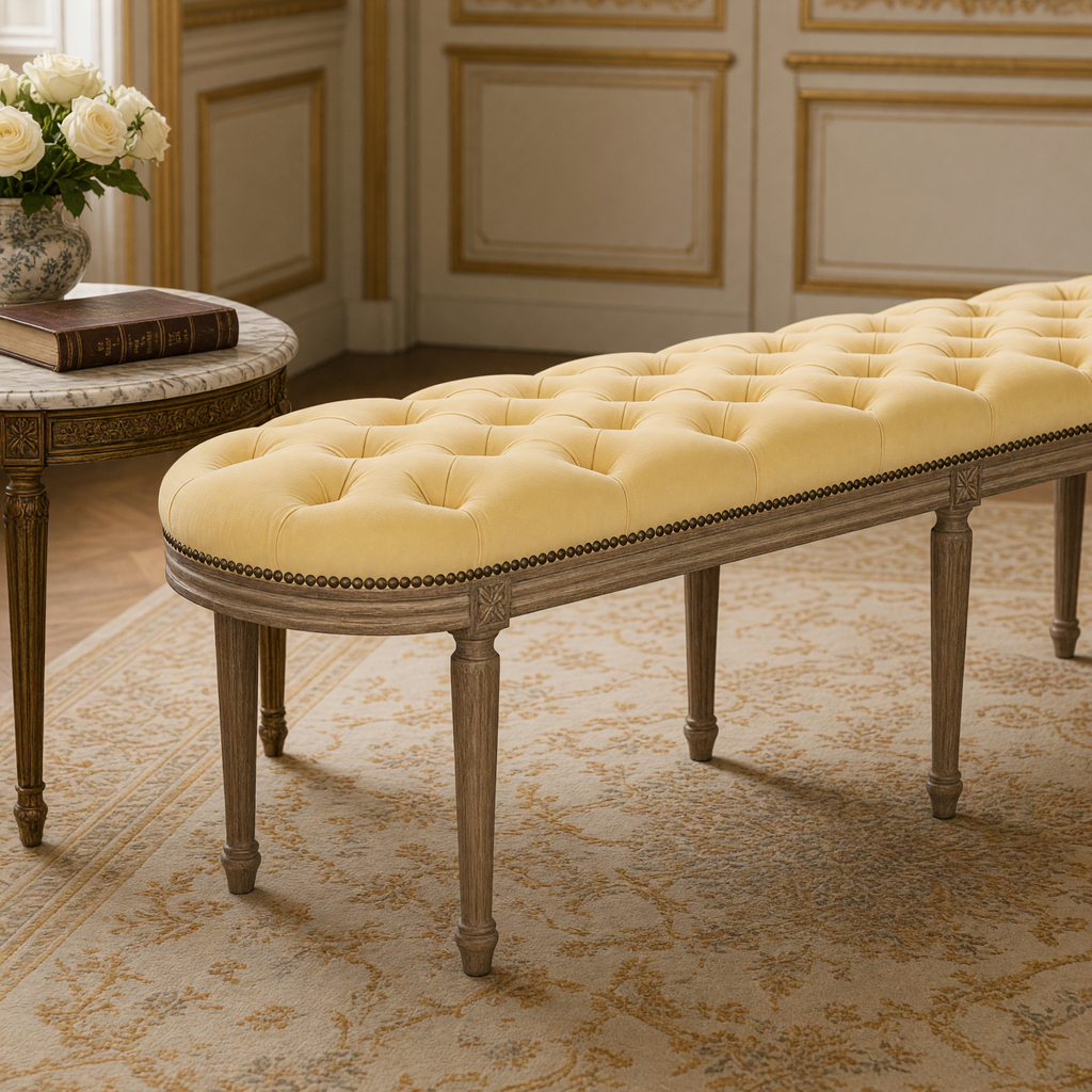Close-up of the Michel French Oak Tufted Bench in Linen, Limed Grey Oak