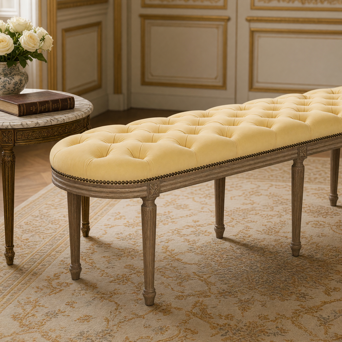 Close-up of the Michel French Oak Tufted Bench in Linen, Limed Grey Oak