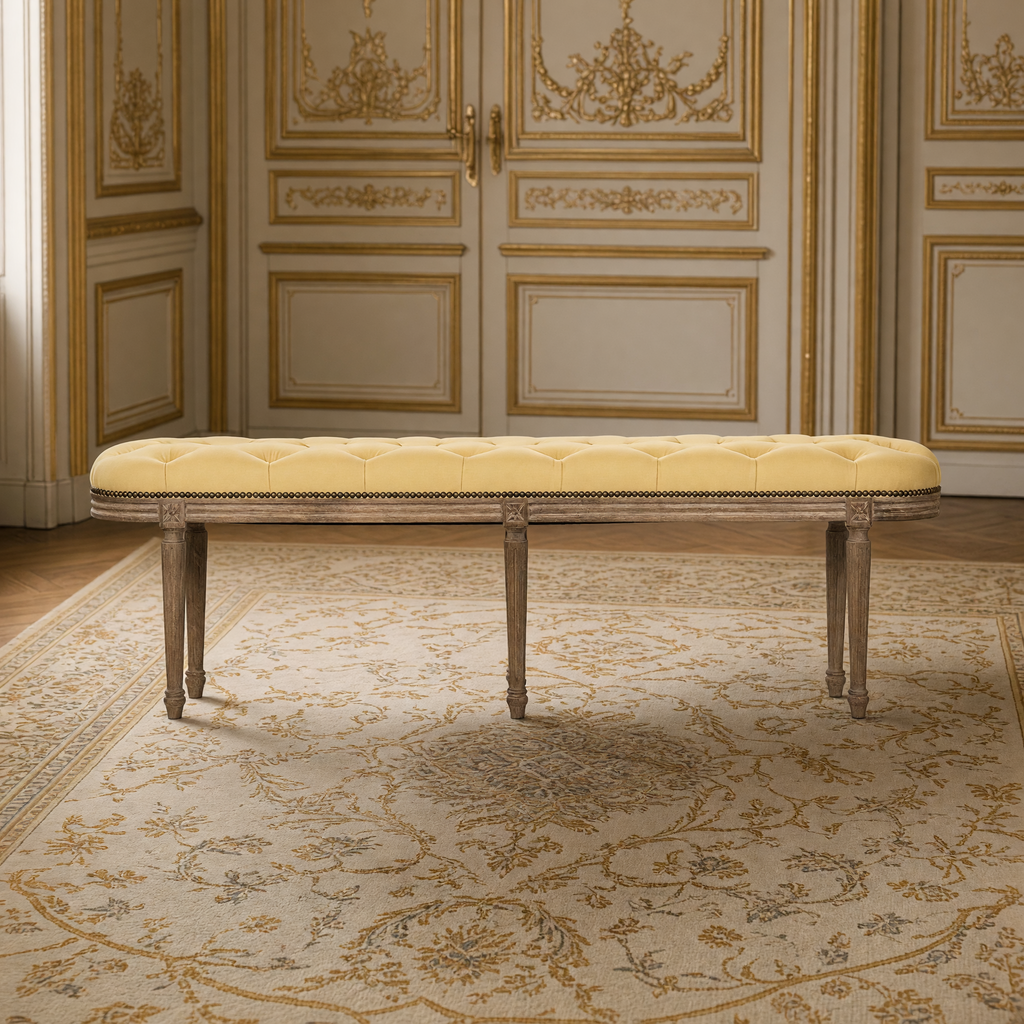 Front view of the Michel French Oak Tufted Bench in Linen, Limed Grey Oak