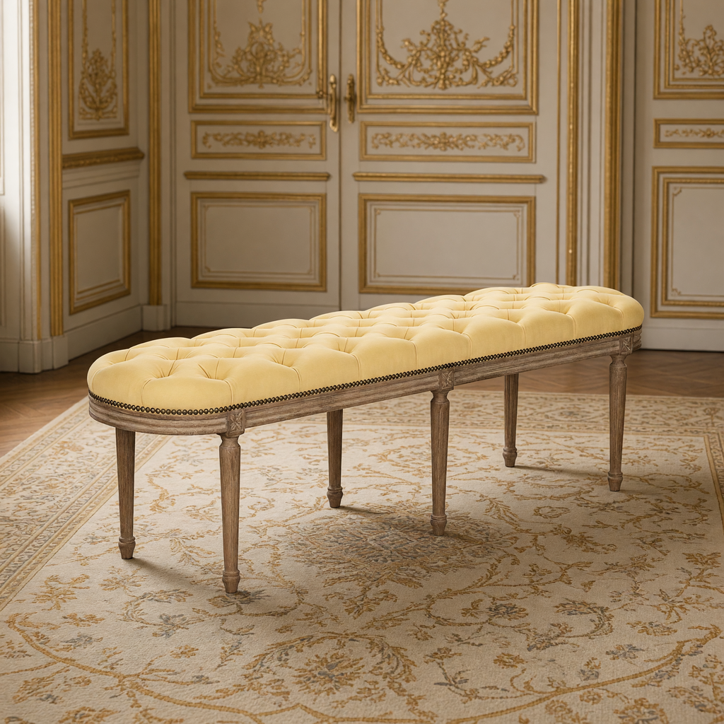 Michel French Oak Tufted Bench in Linen, Limed Grey Oak, in a French salon