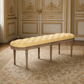 Michel French Oak Tufted Bench in Linen, Limed Grey Oak, in a French salon