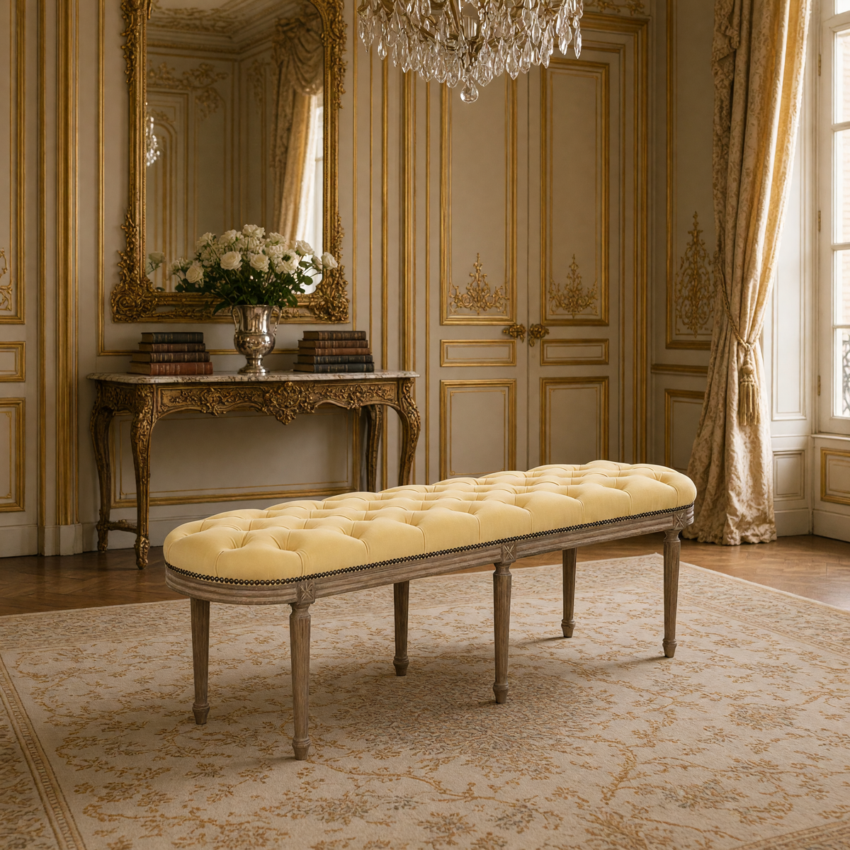 Michel French Oak Tufted Bench in Linen, Limed Grey Oak, styled in a French salon