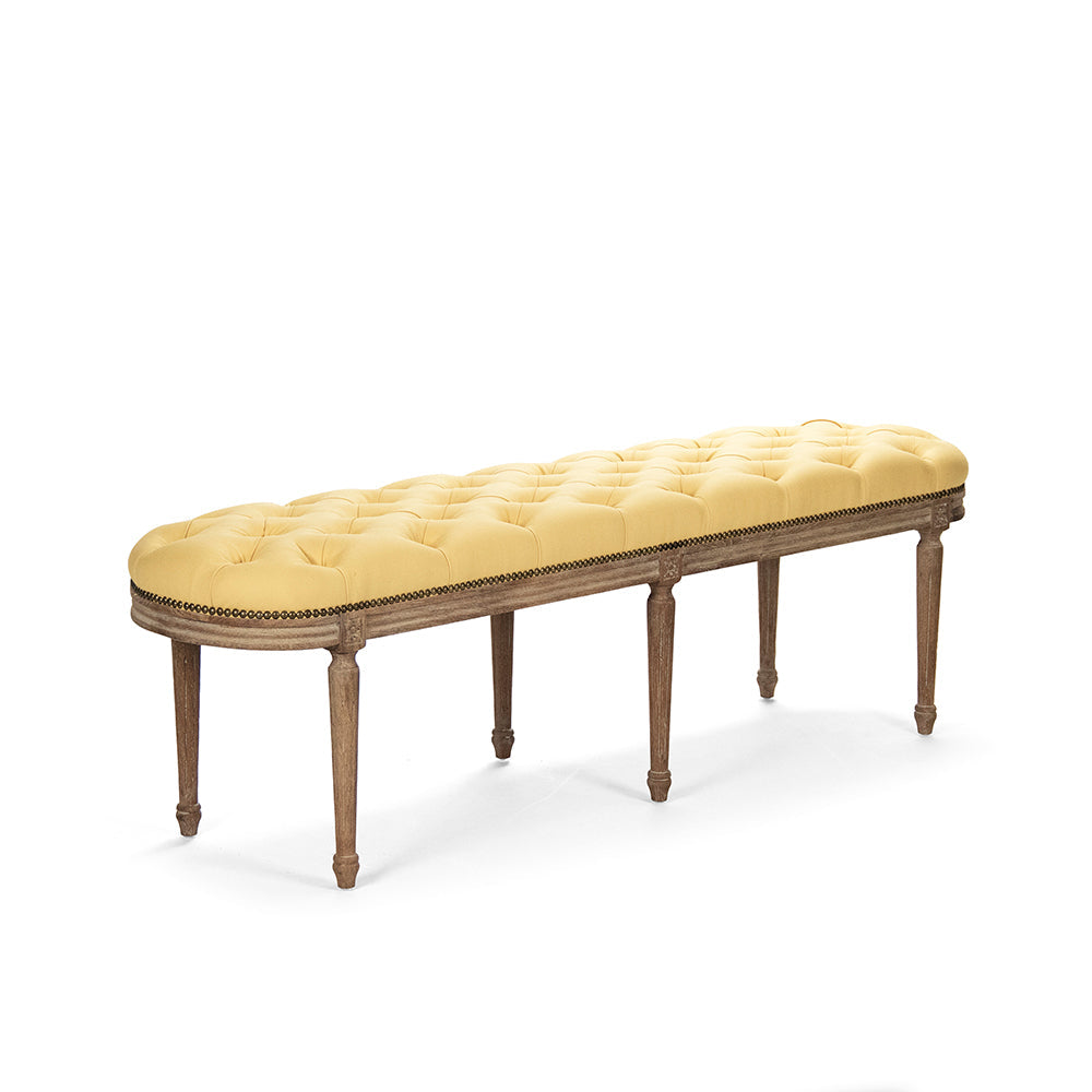 Michel French Oak Tufted Bench in Linen, Limed Grey Oak, studio photo 1 of 2 on a white background