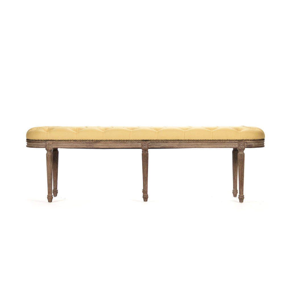 Michel French Oak Tufted Bench in Linen, Limed Grey Oak, studio photo 2 of 2 on a white background