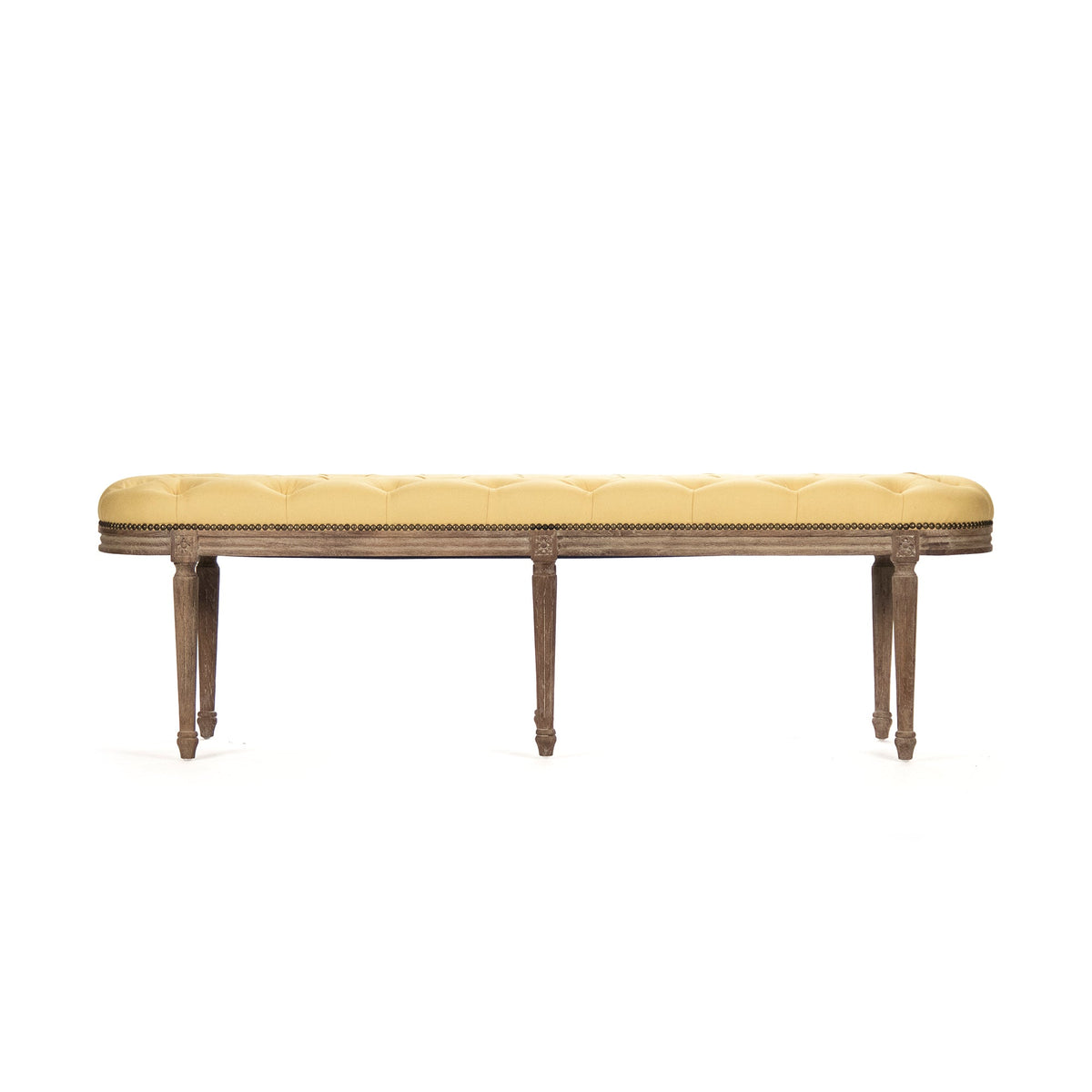 Michel French Oak Tufted Bench in Linen, Limed Grey Oak, studio photo 2 of 2 on a white background