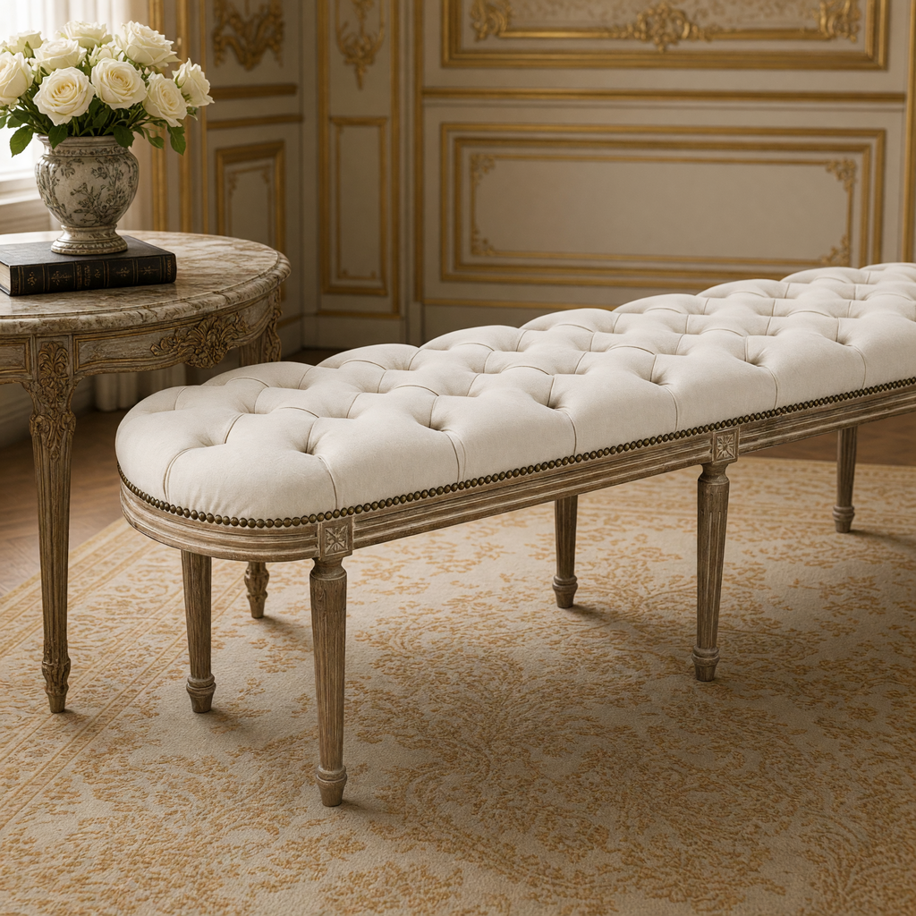 Close-up of the Michel French Oak Tufted Bench in Natural Linen, Limed Grey Oak