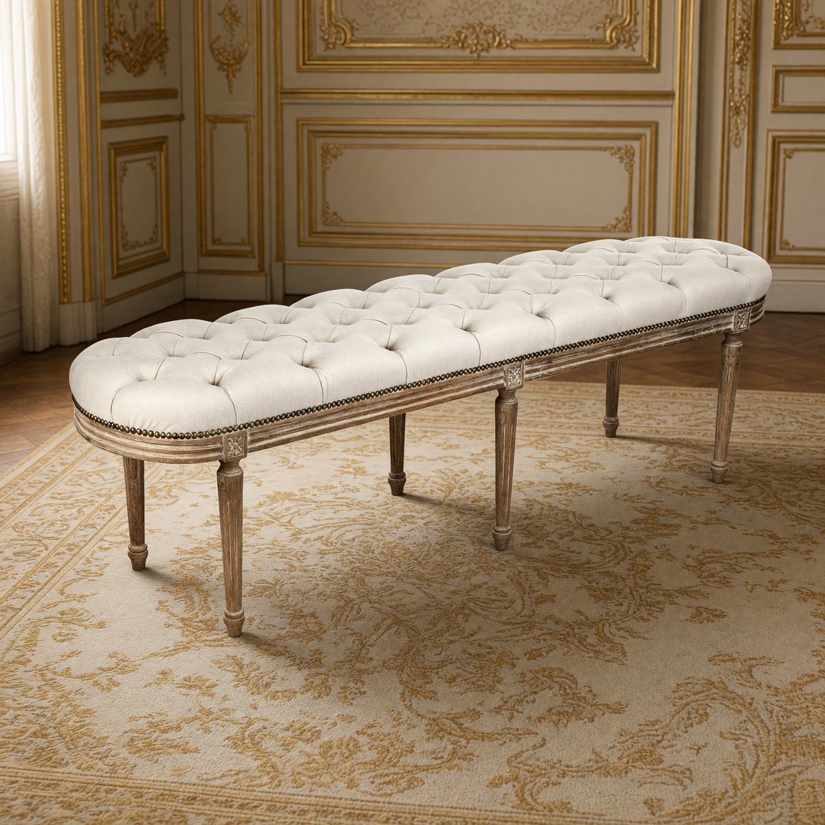 Michel French Oak Tufted Bench in Natural Linen, Limed Grey Oak, in a French salon
