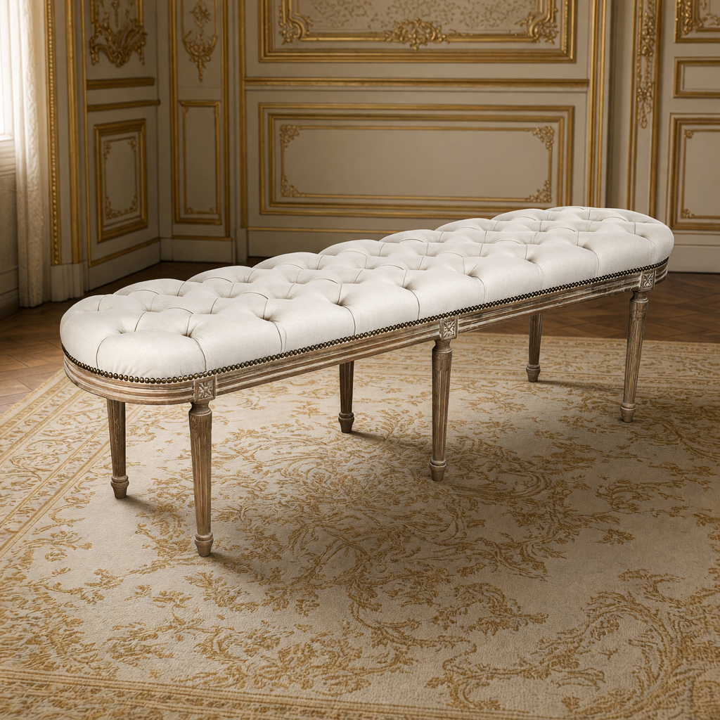 Side view of the Michel French Oak Tufted Bench in Natural Linen, Limed Grey Oak