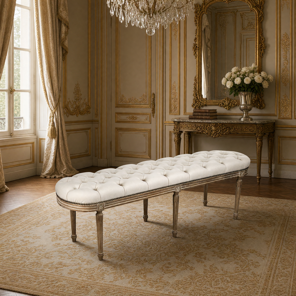 Michel French Oak Tufted Bench in Natural Linen, Limed Grey Oak, styled in a French salon