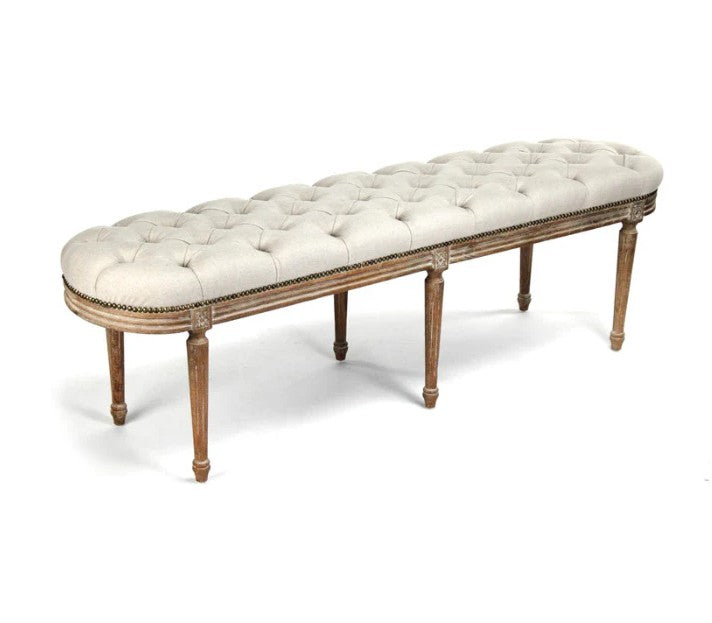 Michel French Oak Tufted Bench in Natural Linen, Limed Grey Oak, studio photo 1 of 3 on a white background