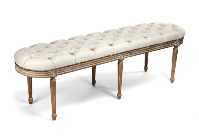 Michel French Oak Tufted Bench in Natural Linen, Limed Grey Oak, studio photo 2 of 3 on a white background