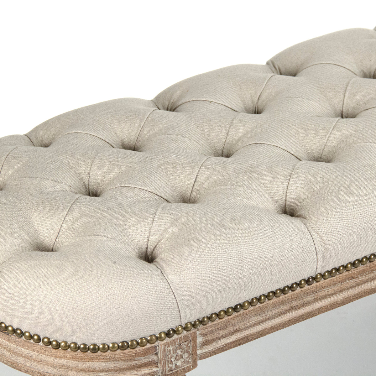 Michel French Oak Tufted Bench in Natural Linen, Limed Grey Oak, studio photo 3 of 3 on a white background