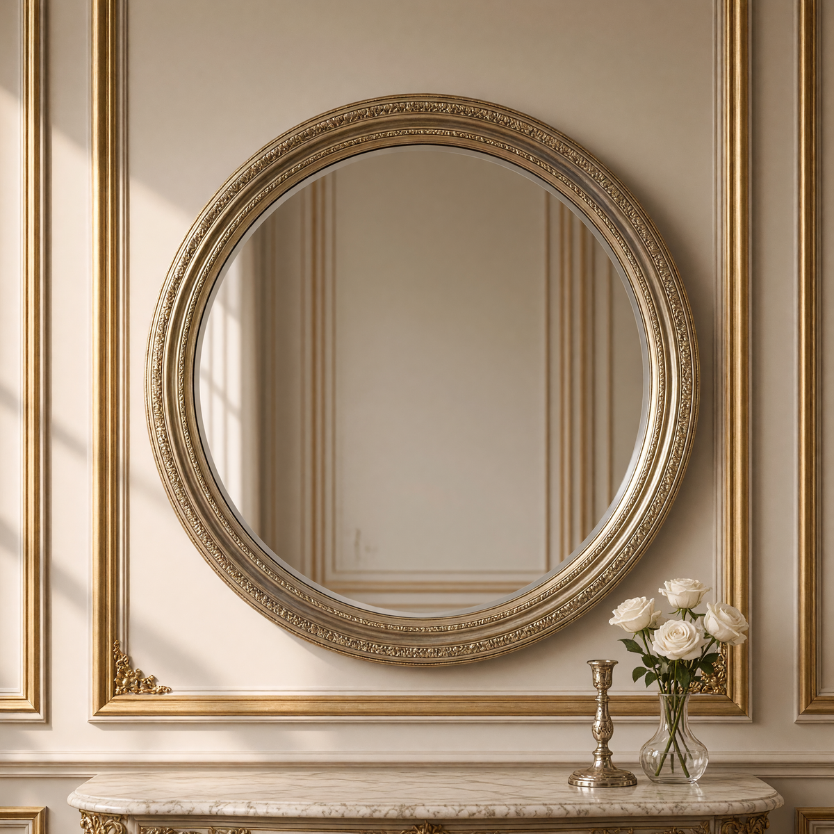 Mael round mirror in antiqued silver-gold with a silver candlestick and white roses on a marble console below
