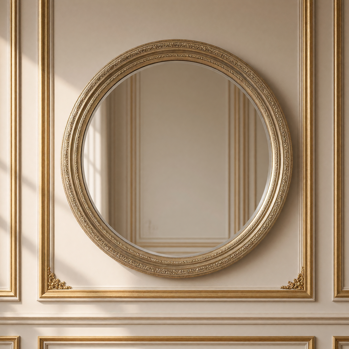 Mael antiqued metal round wall mirror in silver-gold hanging on a gilded taupe boiserie wall
