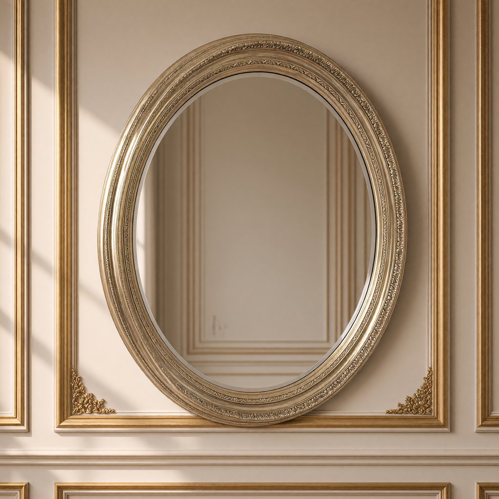 Side view of the Mael antiqued metal round wall mirror in silver-gold on a gilded boiserie wall