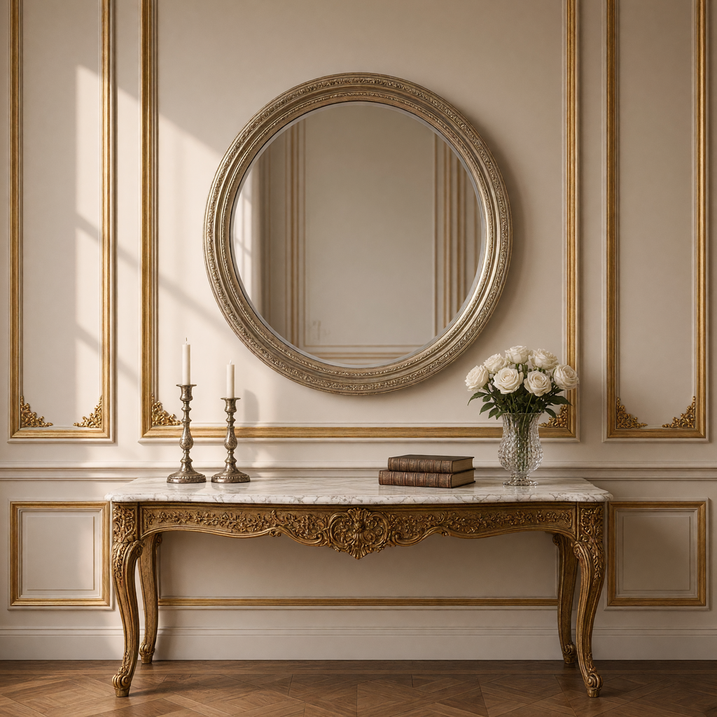 Mael round mirror in antiqued silver-gold above a marble-top console with silver candlesticks, books and white roses