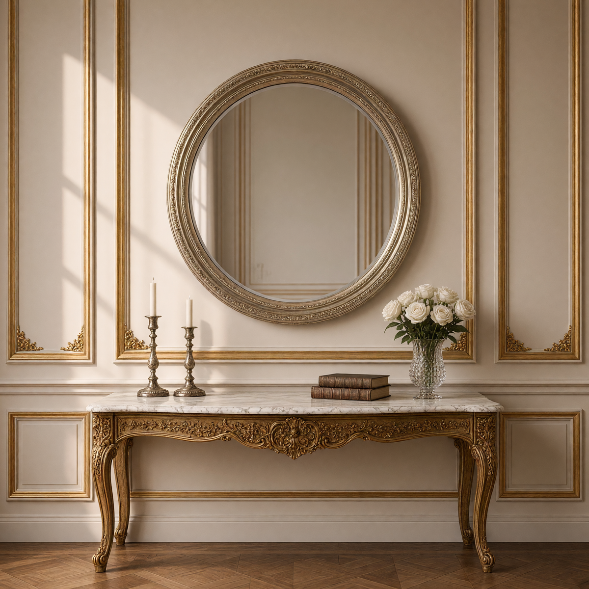 Mael round mirror in antiqued silver-gold above a marble-top console with silver candlesticks, books and white roses