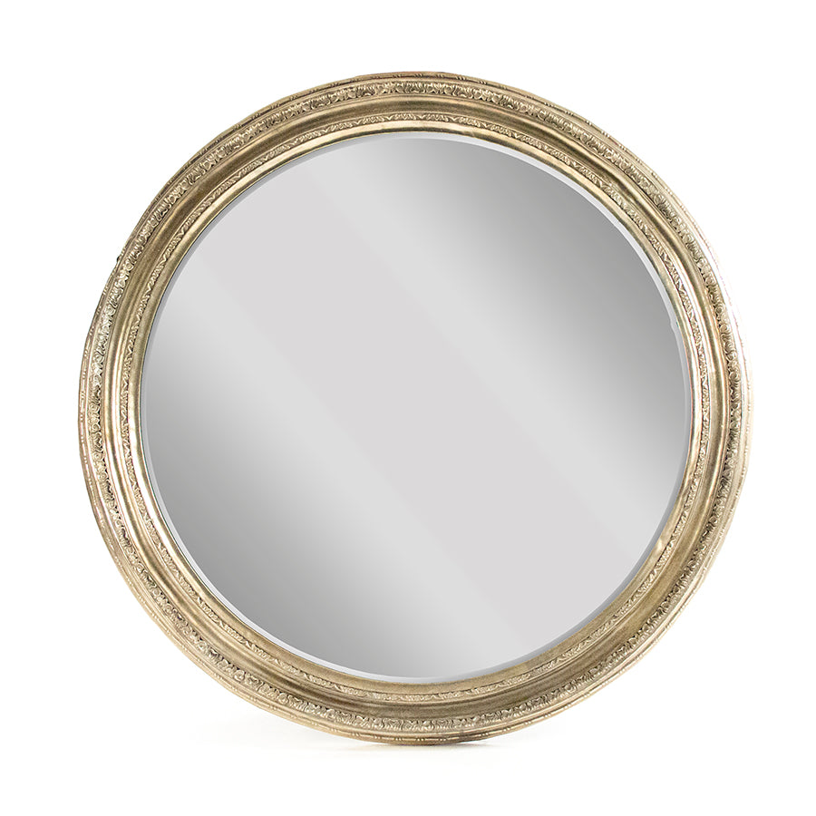 Mael Antiqued Metal Round Wall Mirror in Silver-Gold, studio photo 1 of 3 on a white background