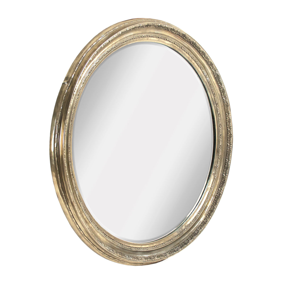 Mael Antiqued Metal Round Wall Mirror in Silver-Gold, studio photo 2 of 3 on a white background
