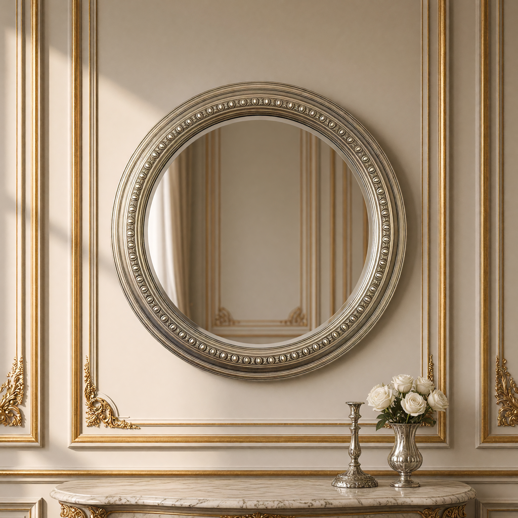 Ecran round mirror in antiqued silver with a silver candlestick and white roses on a marble console below