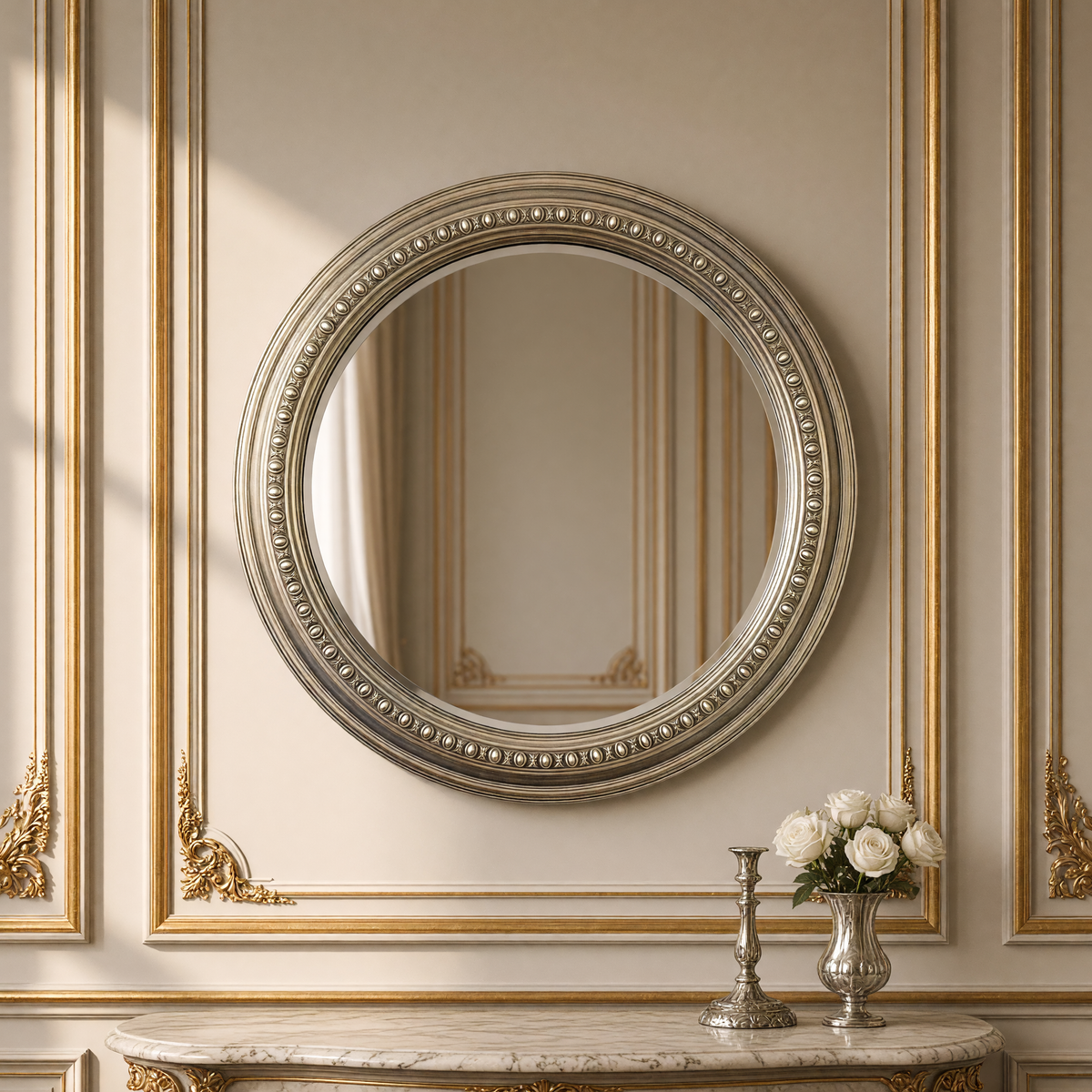 Ecran round mirror in antiqued silver with a silver candlestick and white roses on a marble console below