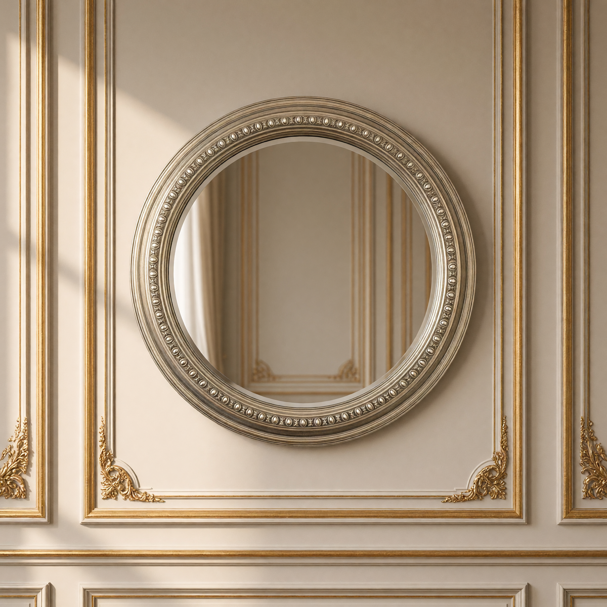 Ecran beaded metal round wall mirror in antiqued silver hanging on a gilded taupe boiserie wall