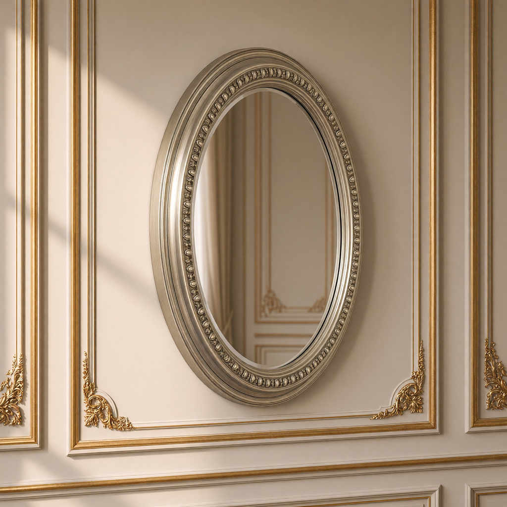 Side view of the Ecran beaded metal round wall mirror in antiqued silver on a gilded boiserie wall