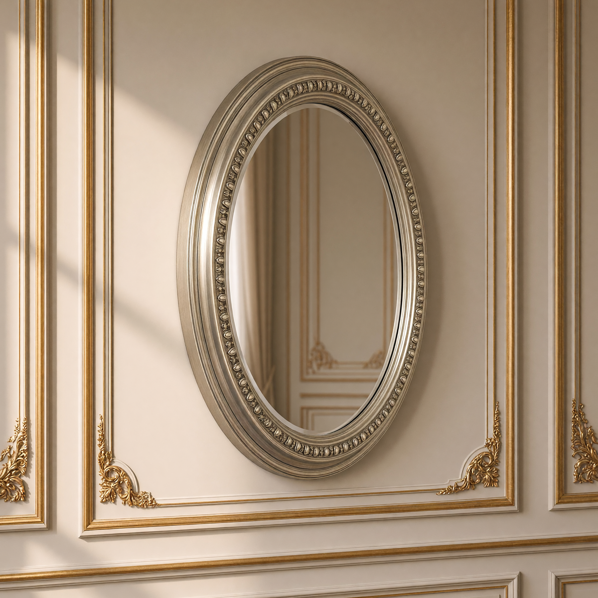 Side view of the Ecran beaded metal round wall mirror in antiqued silver on a gilded boiserie wall