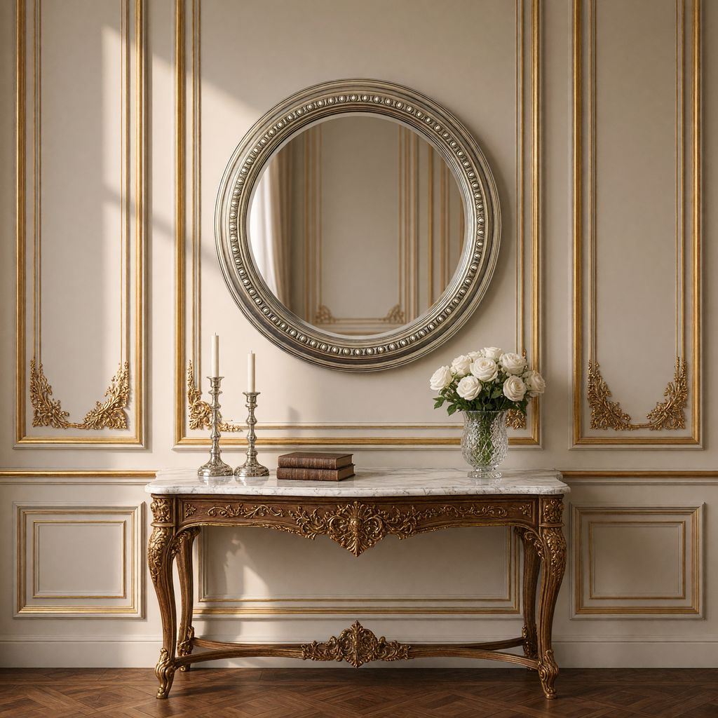 Ecran round mirror in antiqued silver above a marble-top console with silver candlesticks, books and white roses