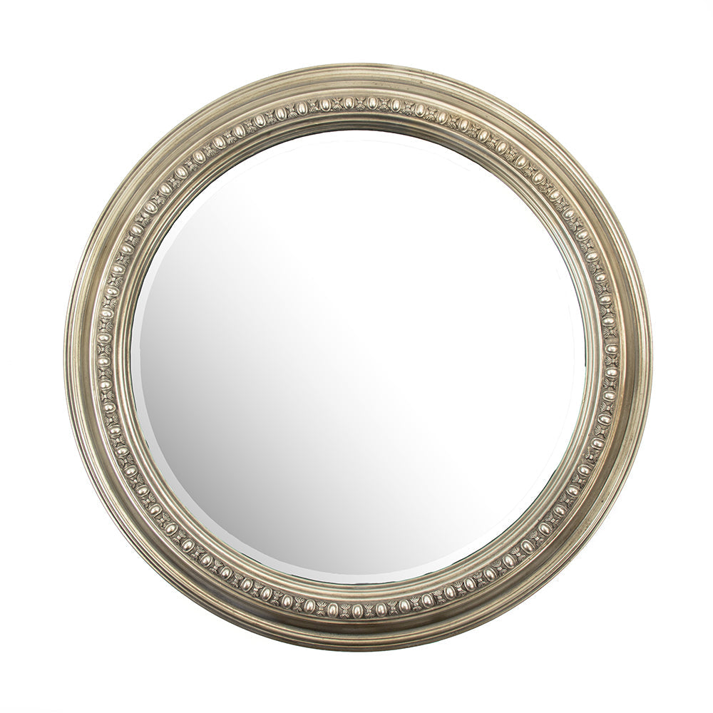 Ecran Beaded Metal Round Wall Mirror in Antiqued Silver, studio photo 1 of 3 on a white background