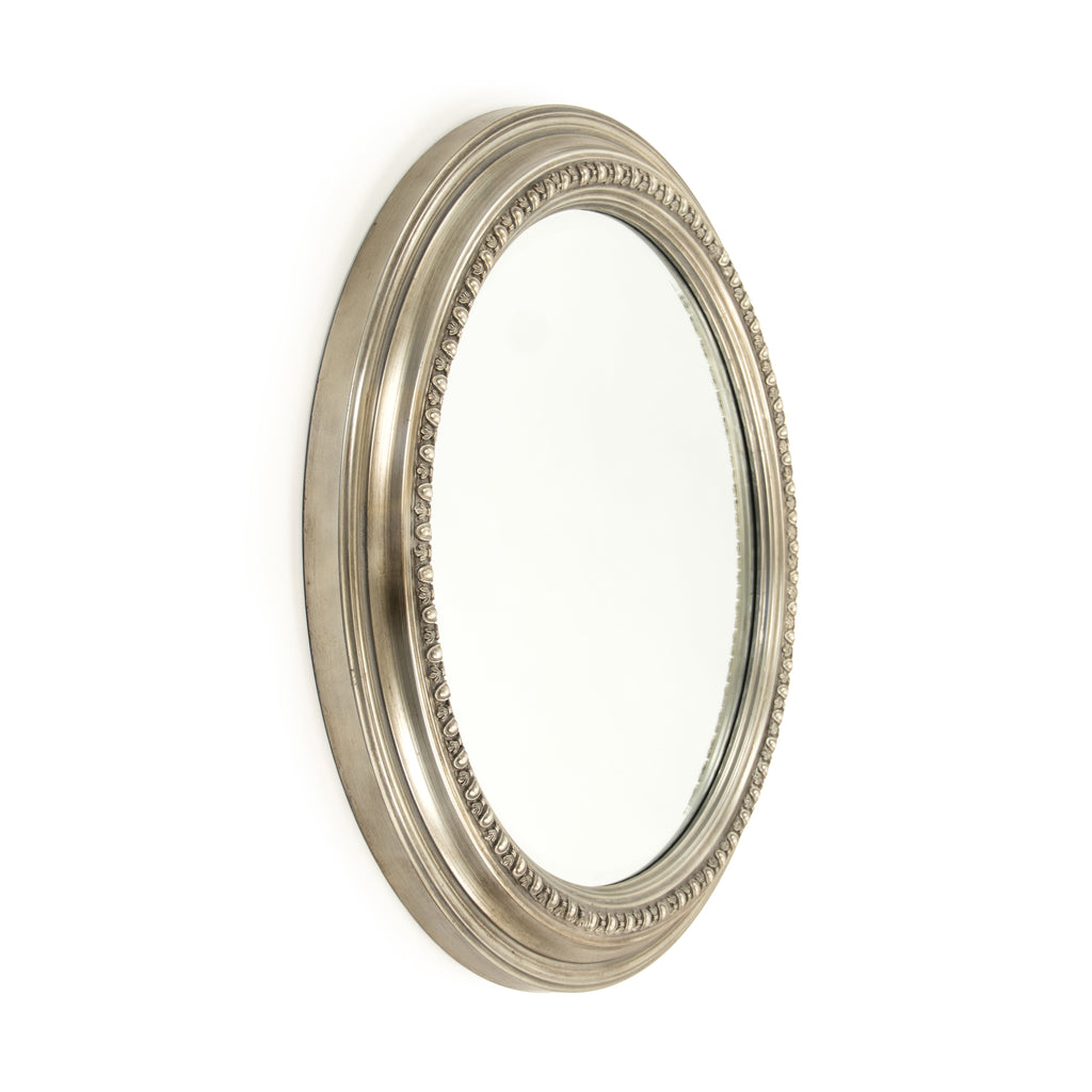 Ecran Beaded Metal Round Wall Mirror in Antiqued Silver, studio photo 2 of 3 on a white background